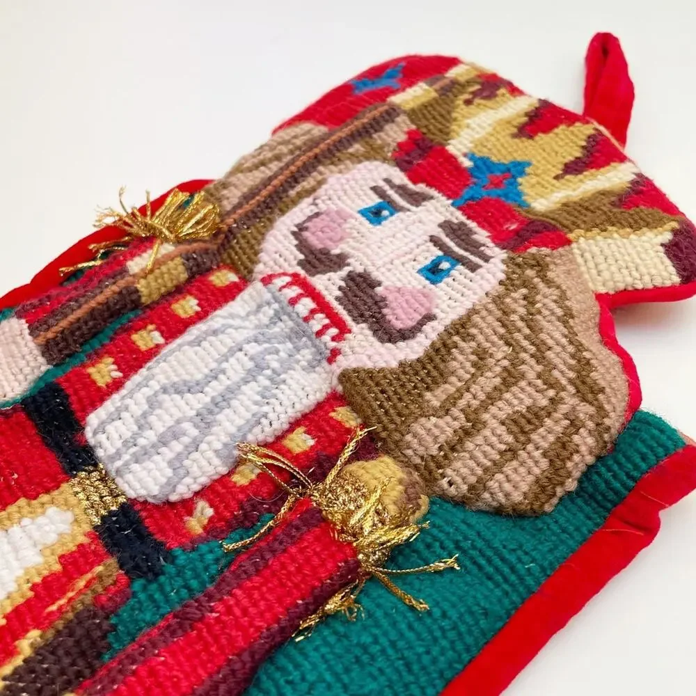 Vintage Needlepoint Wool Christmas Stocking Nutcracker Teddy Bear 3D